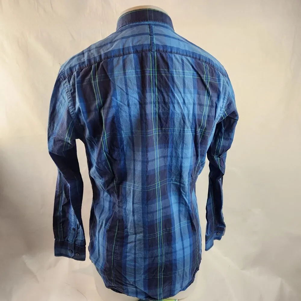 Banana Republic Shirt Mens Medium Blue Button Up Plaid Slim Fit Soft Wash Casual